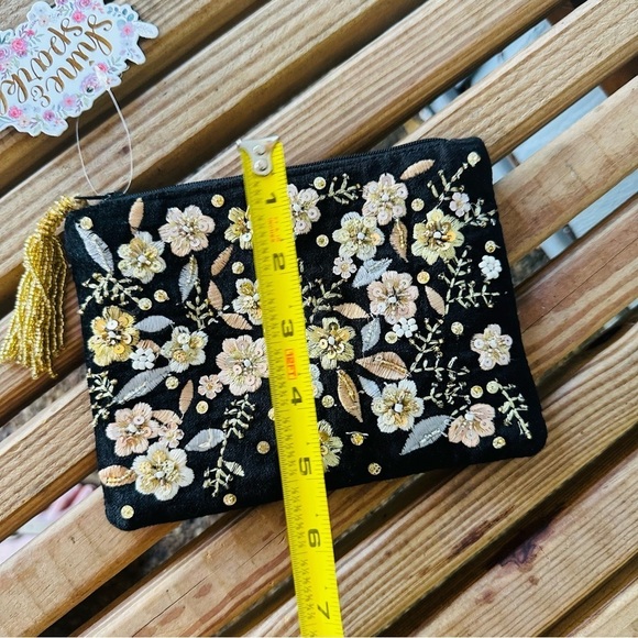 India Black Velvet Floral Embroidery Beaded Zipper Makeup Bag Coin Purse Boho - Picture 3 of 10